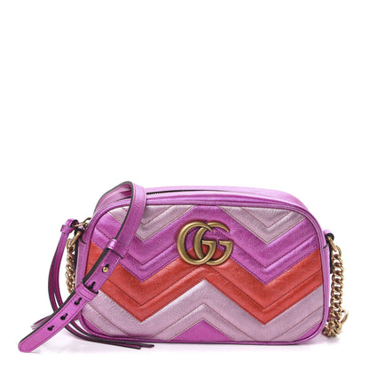 Gucci Laminated Nappa Matelasse Small GG Marmont Chain Shoulder Bag Fuxia Rosso Rosa 1 of 10