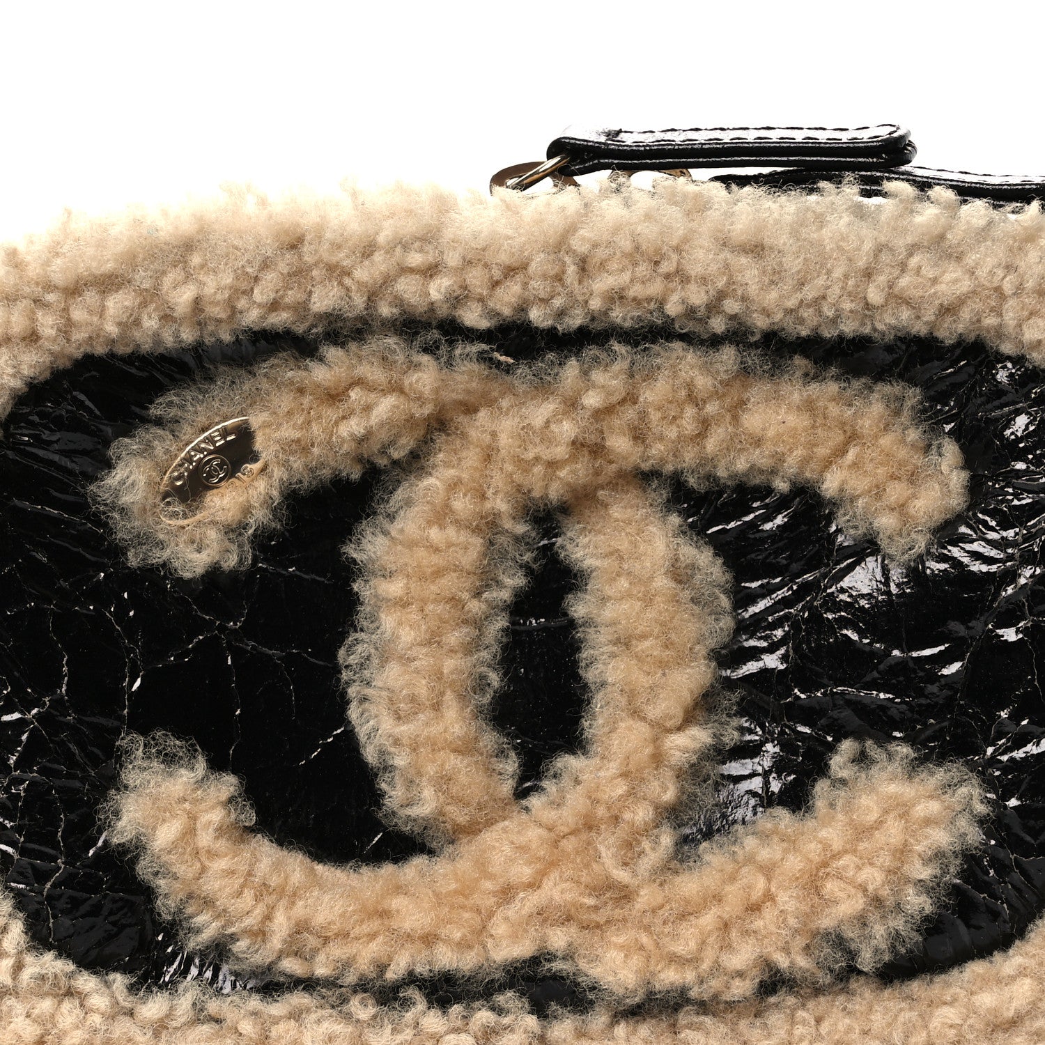 Chanel Shiny Crumpled Sheepskin Shearling Waist Bag Black Beige 8 of 13