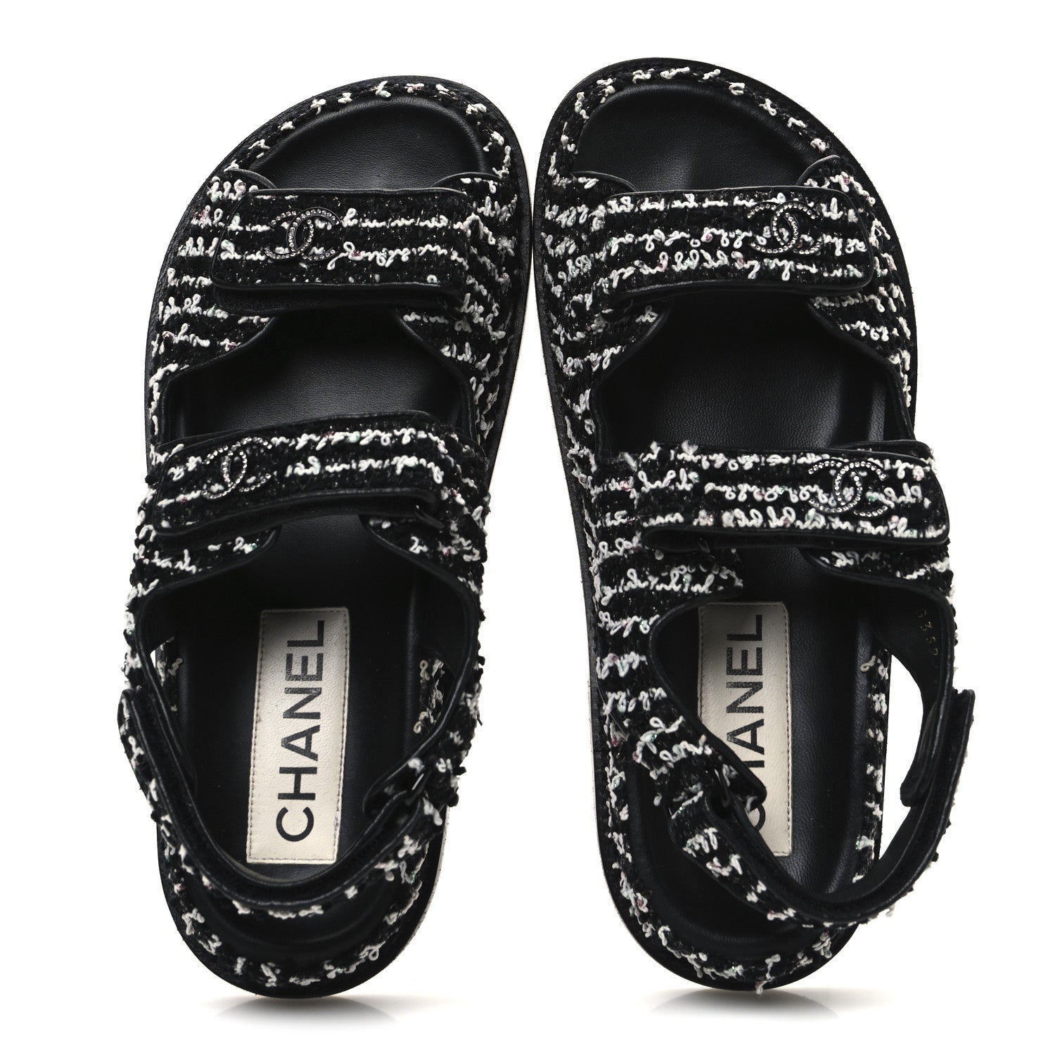Chanel Tweed Velcro Dad Sandals 36.5 Black White 2 of 10