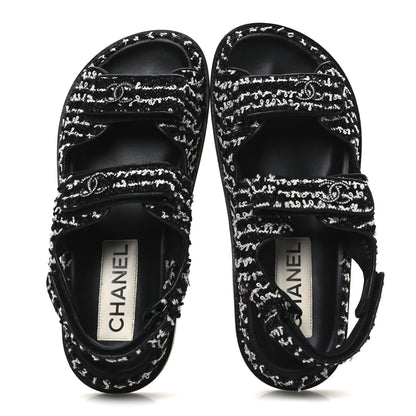 Chanel Tweed Velcro Dad Sandals 36.5 Black White 2 of 10