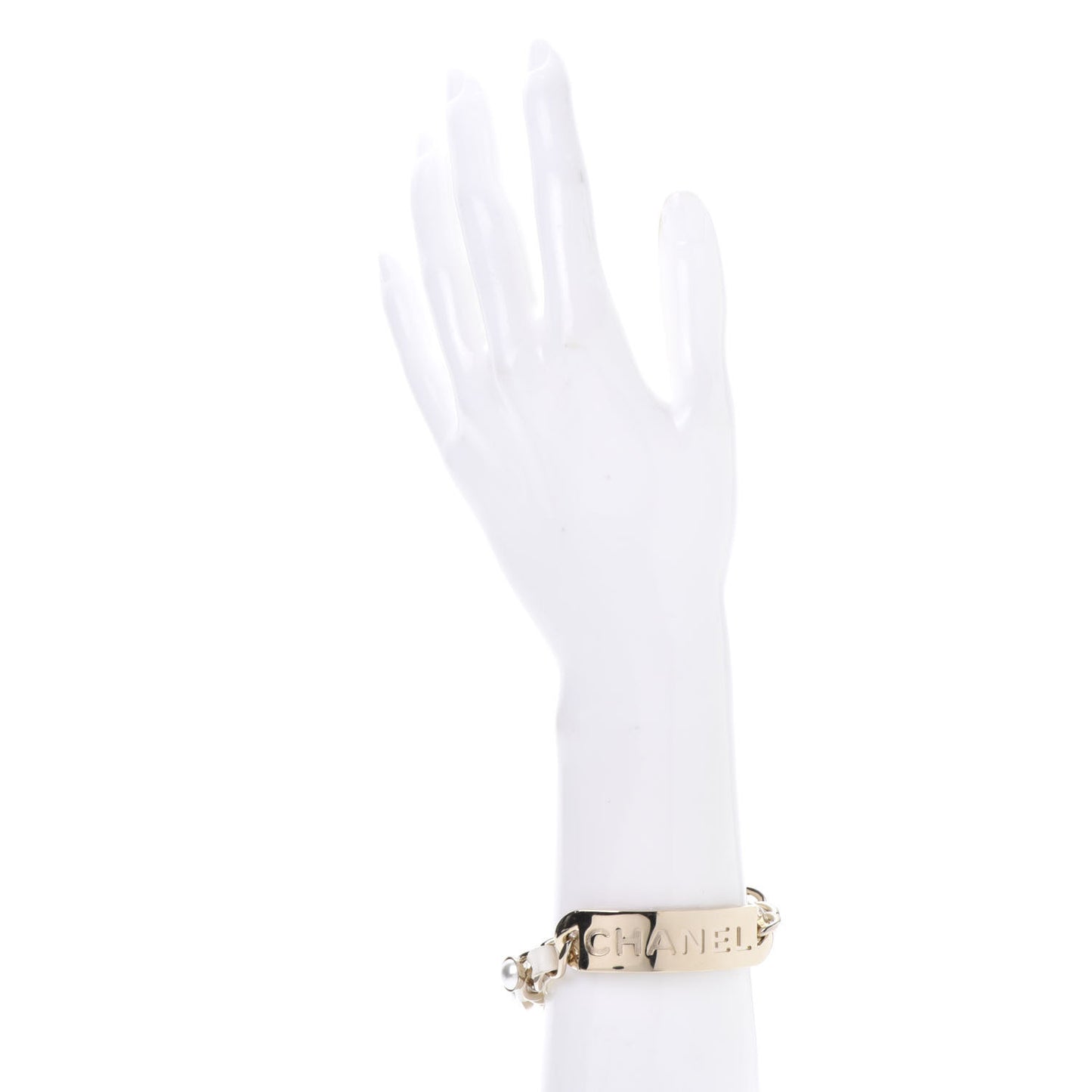 Metal Lambskin Pearl Name Plate Bracelet White Gold