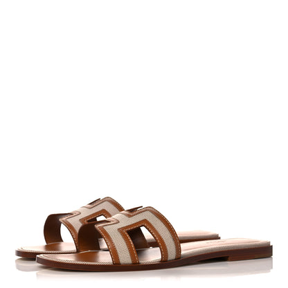 Hermes Calfskin Canvas Oran Sandals 41 Noisette Beige Dore 3 of 10