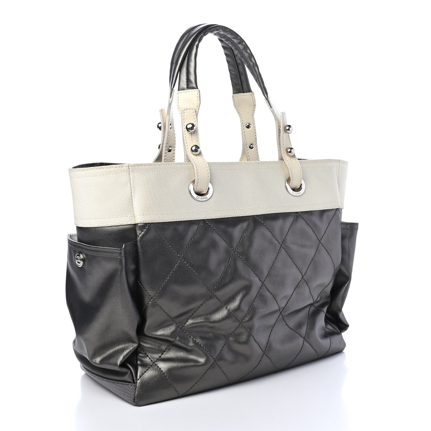 Coated Canvas Quilted Large Paris Biarritz Tote Silver