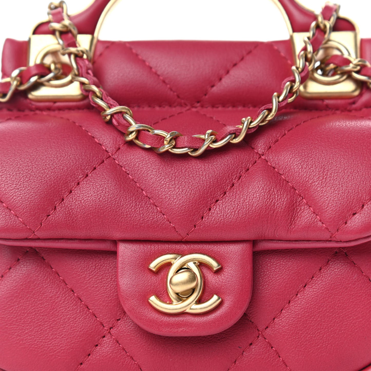 Calfskin Quilted Lady Handle Flap Card Holder With Chain Dark Pink