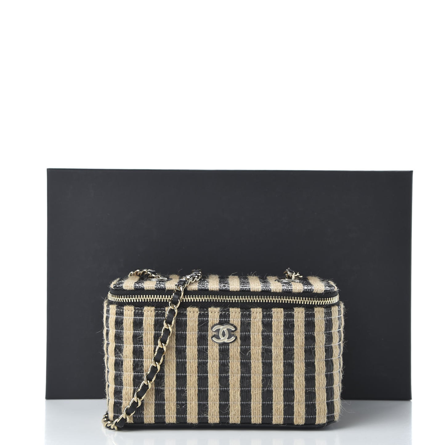 Raffia Jute Striped Small Vanity Case With Chain Black Beige