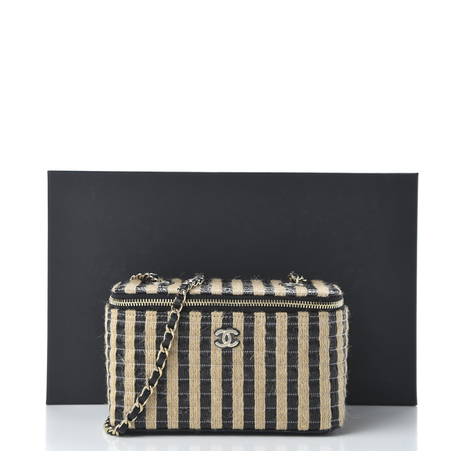 Chanel Raffia Jute Striped Small Vanity Case With Chain Black Beige 11 of 11