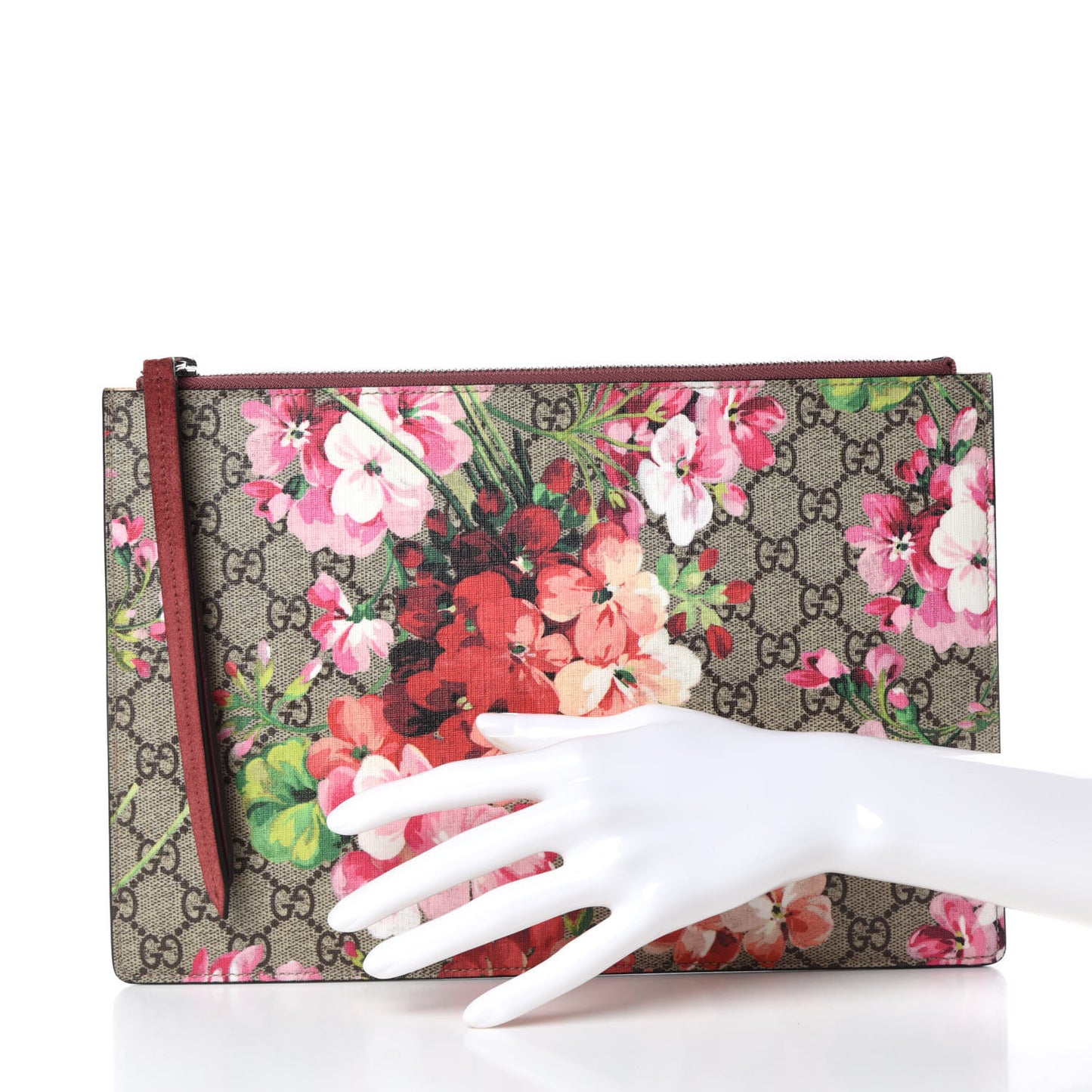 GG Supreme Monogram Blooms Suede Large Zip Pouch Beige Multicolor Dry Rose
