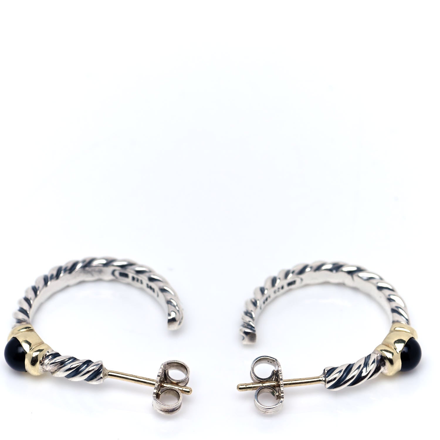 David Yurman Sterling Silver 14K Yellow Gold Black Onyx Cable Classics Station Hoop Earrings 3 of 4