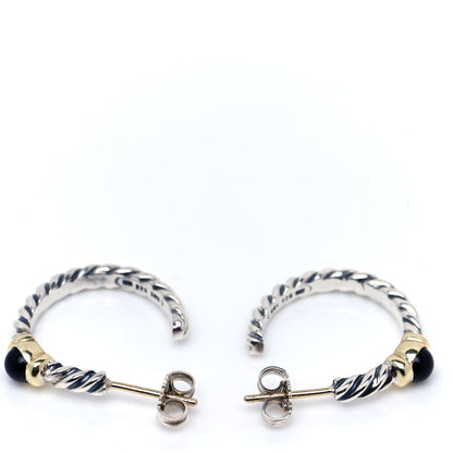 David Yurman Sterling Silver 14K Yellow Gold Black Onyx Cable Classics Station Hoop Earrings 3 of 4
