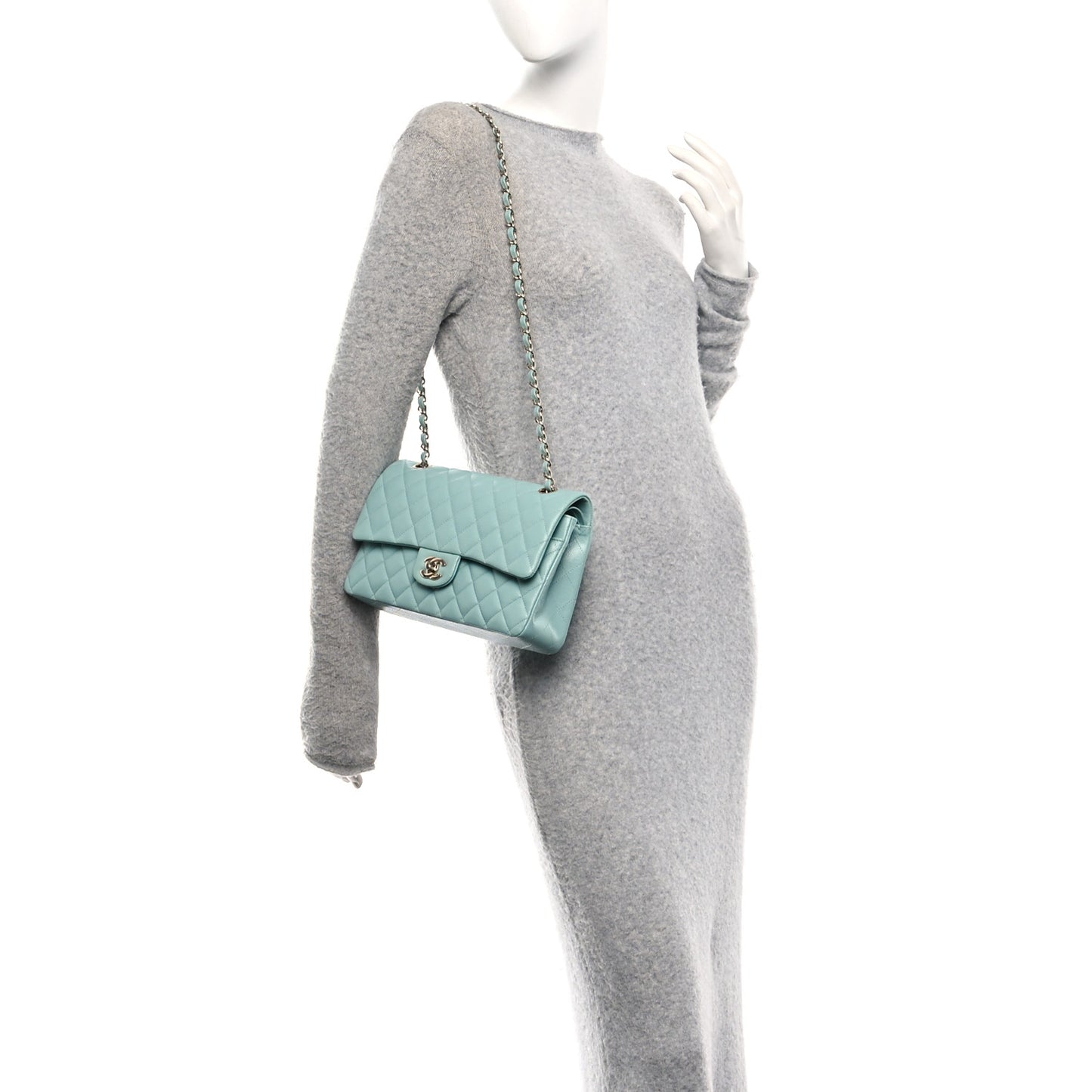 Caviar Quilted Medium Double Flap Light Blue