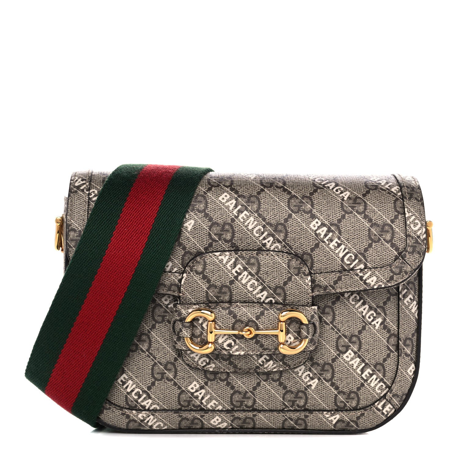 Gucci X BALENCIAGA GG Supreme Monogram Web Logo Print Mini Horsebit 1955 Shoulder Bag Beige Ebony 3 of 16