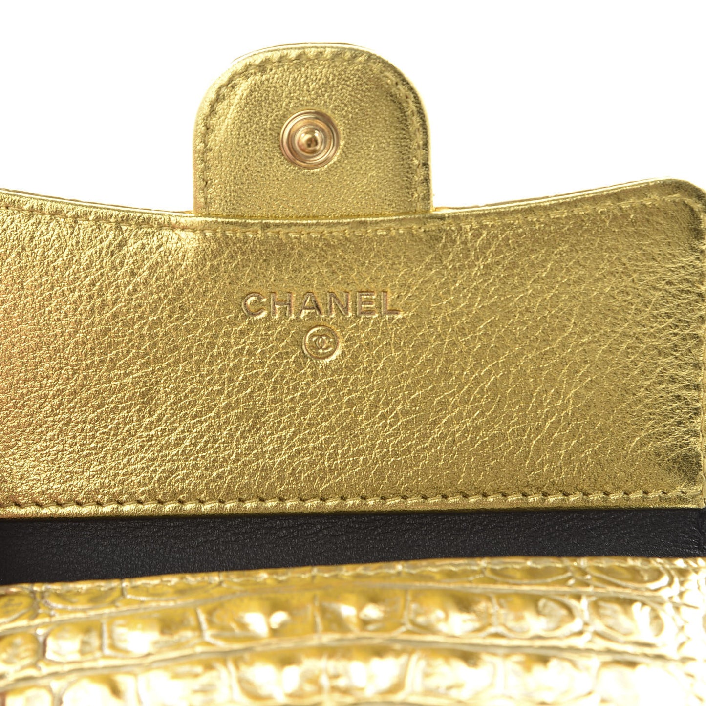 Metallic Calfskin Crocodile Embossed Cocodile Compact Flap Wallet Gold