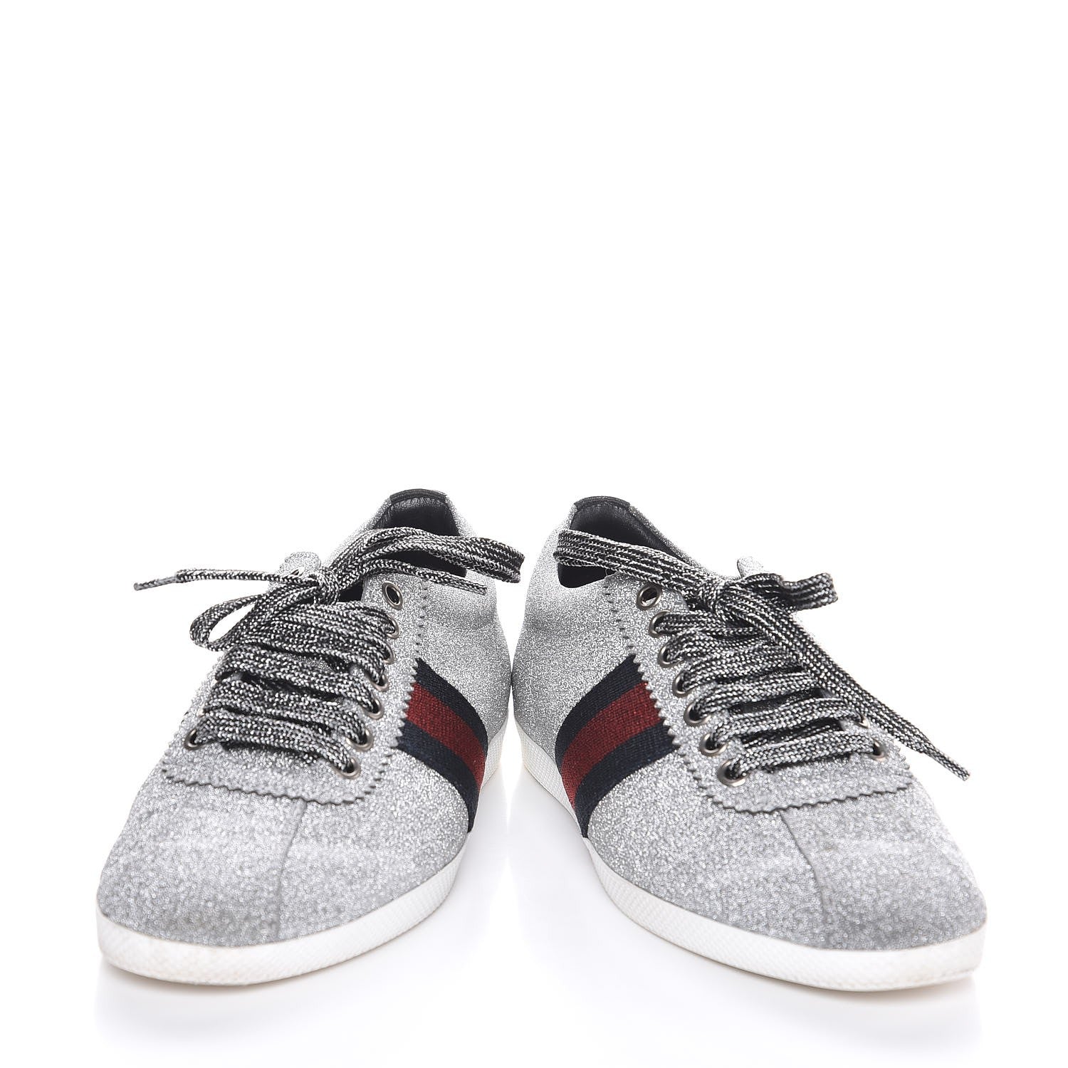 Gucci Glitter Fabric Studded Web Sneakers 36.5 Silver 9 of 10