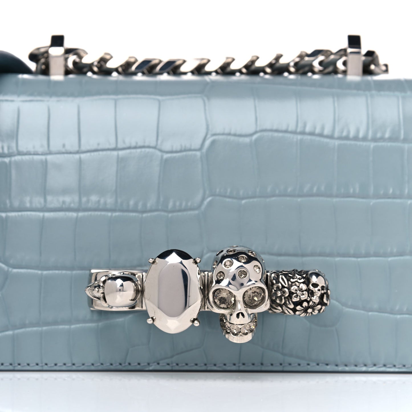 Shiny Crocodile Embossed Jeweled Satchel Blue Grey