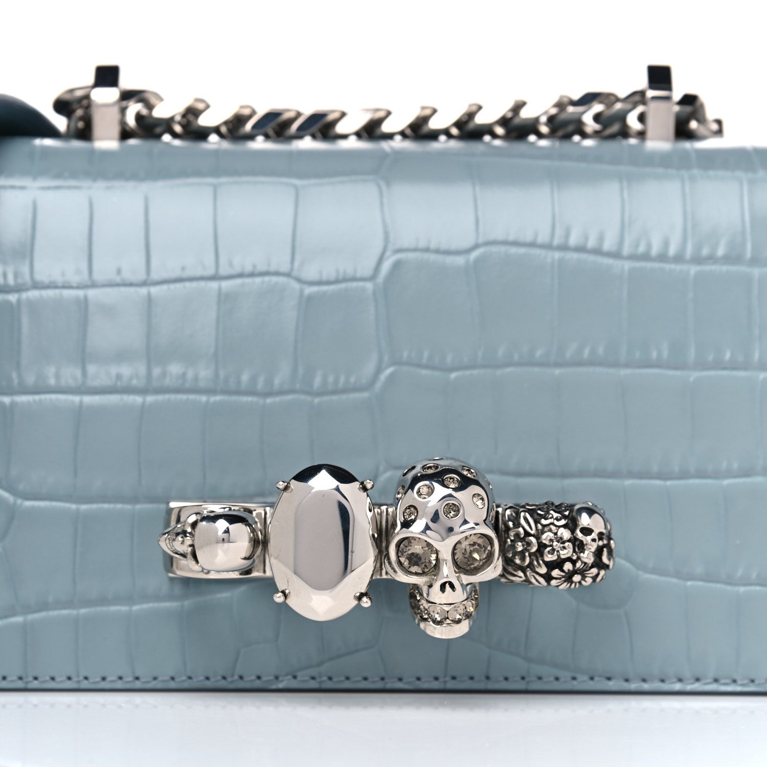 Alexander McQueen Shiny Crocodile Embossed Jeweled Satchel Blue Grey 9 of 17