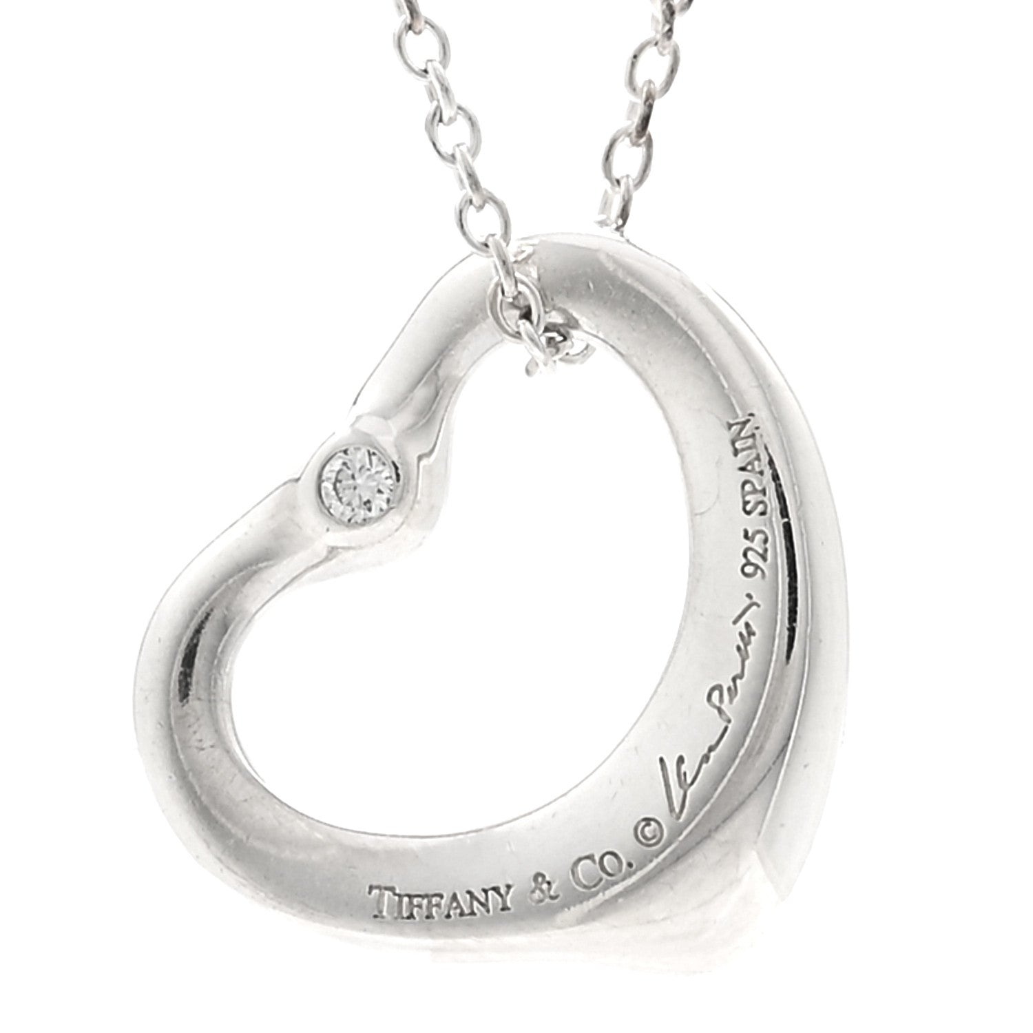 Tiffany Sterling Silver Diamond 16mm Elsa Peretti Open Heart Pendant Necklace 4 of 5