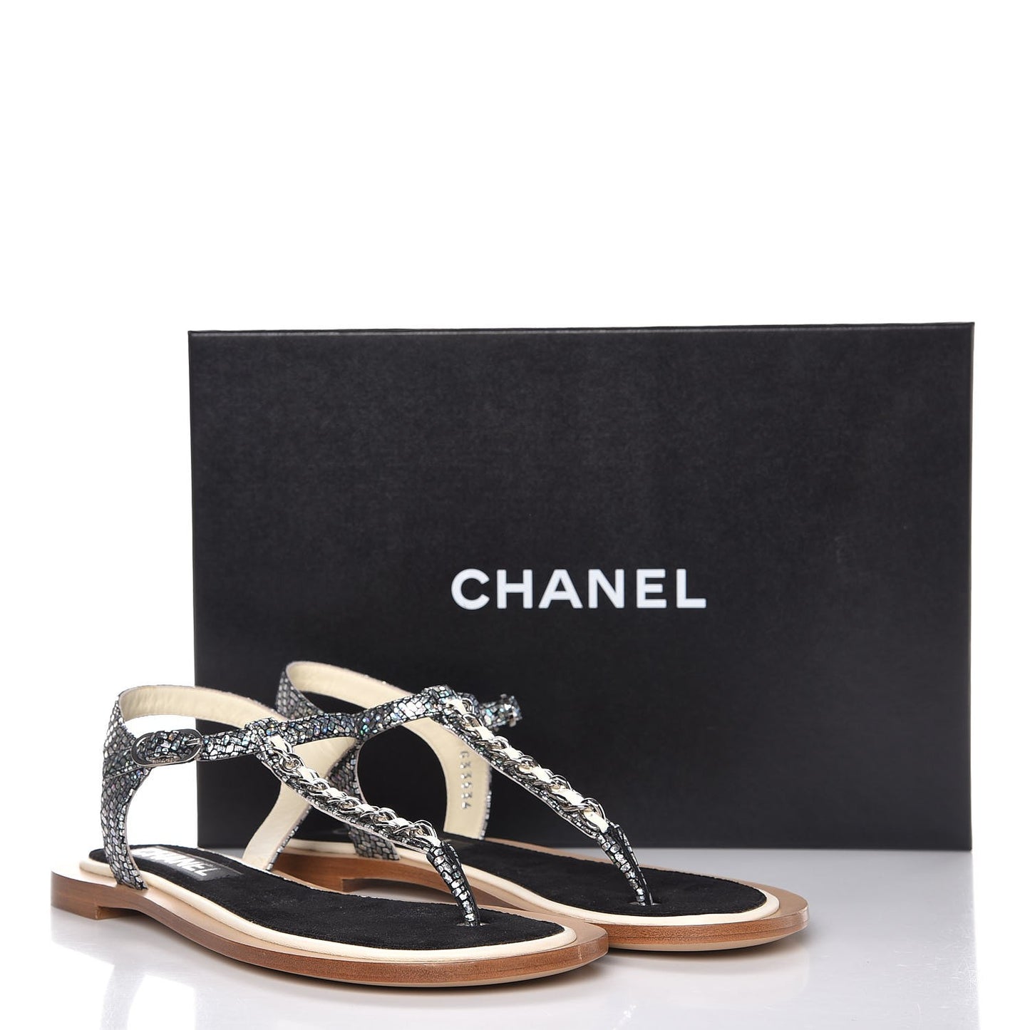 Goatskin Velvet Fantasy CC Chain Thong Sandals 36.5 Silver Ivory