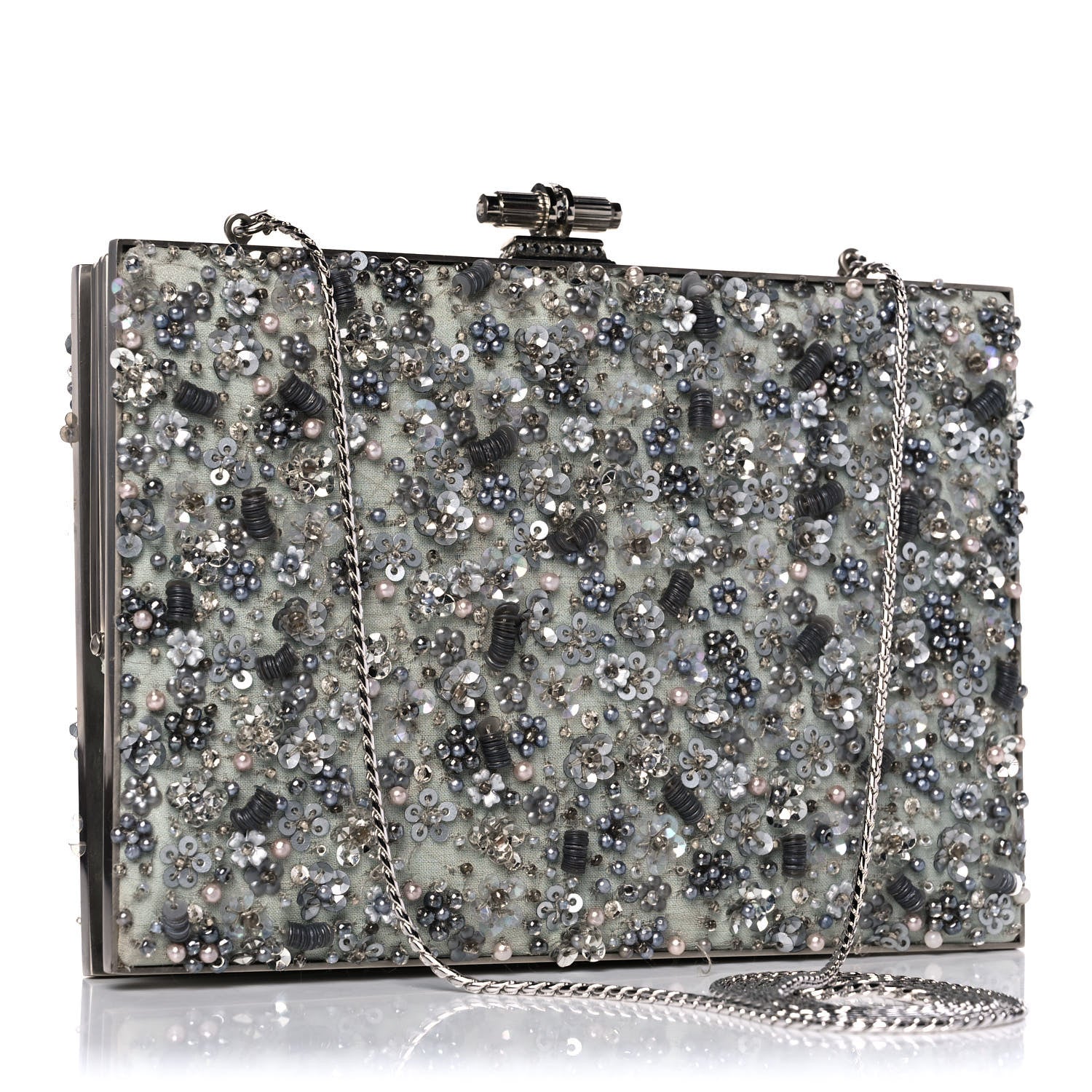 Judith Leiber Crystal Sequin Embellished Minaudiere Clutch Silver 3 of 14