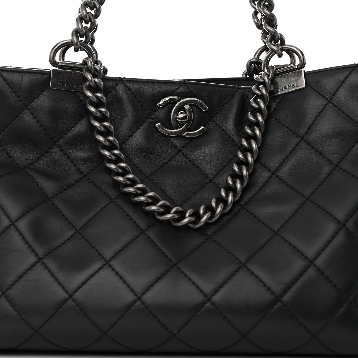 Calfskin Quilted Small Shopping In Chains Tote Black