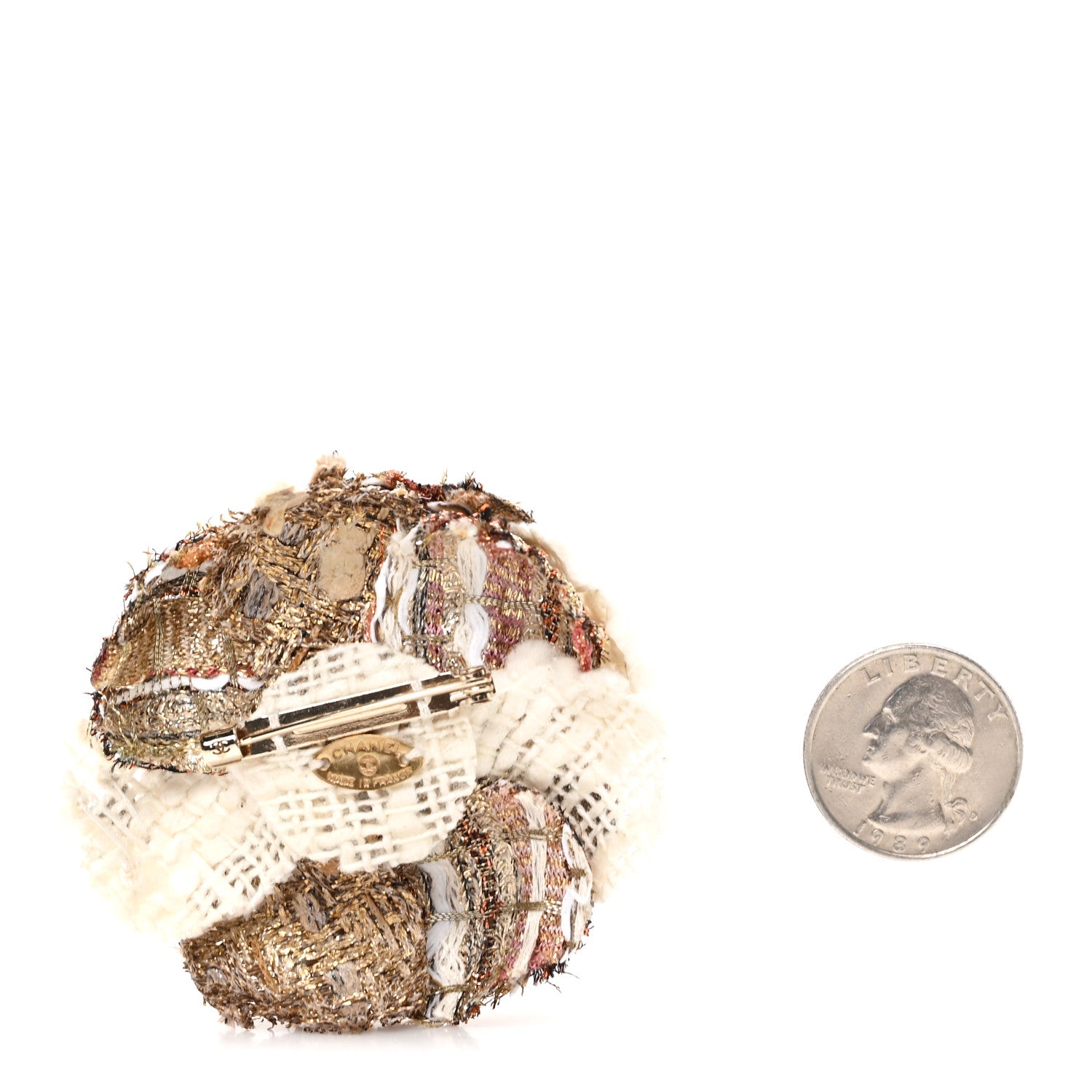 Chanel Metallic Tweed CC Camellia Brooch Gold Ivory 2 of 4
