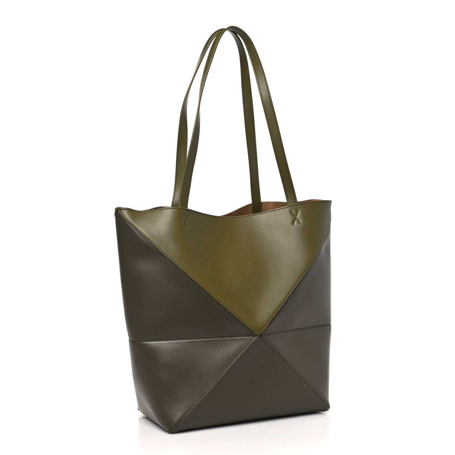 Shiny Calfskin Medium Puzzle Fold Tote Dark Khaki Green