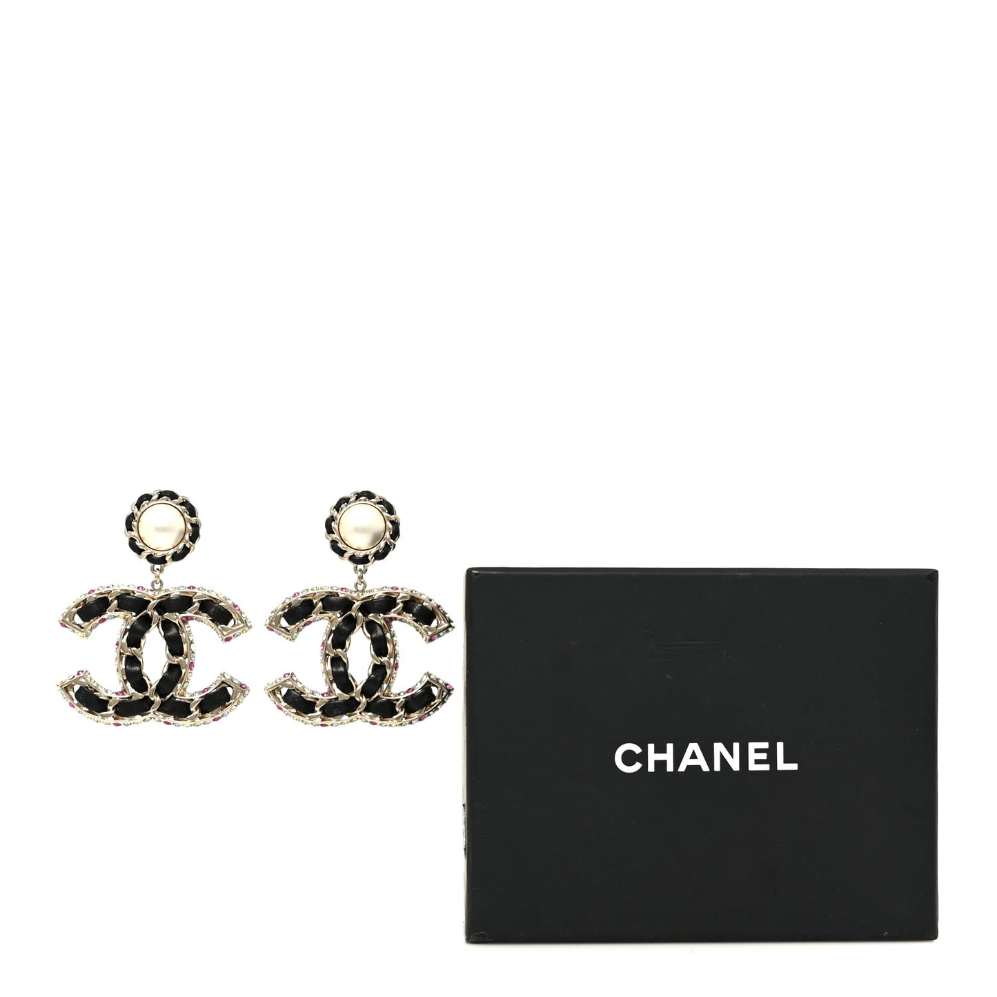 Pearl Lambskin Crystal Chain CC Drop Earrings Black Gold Multicolor
