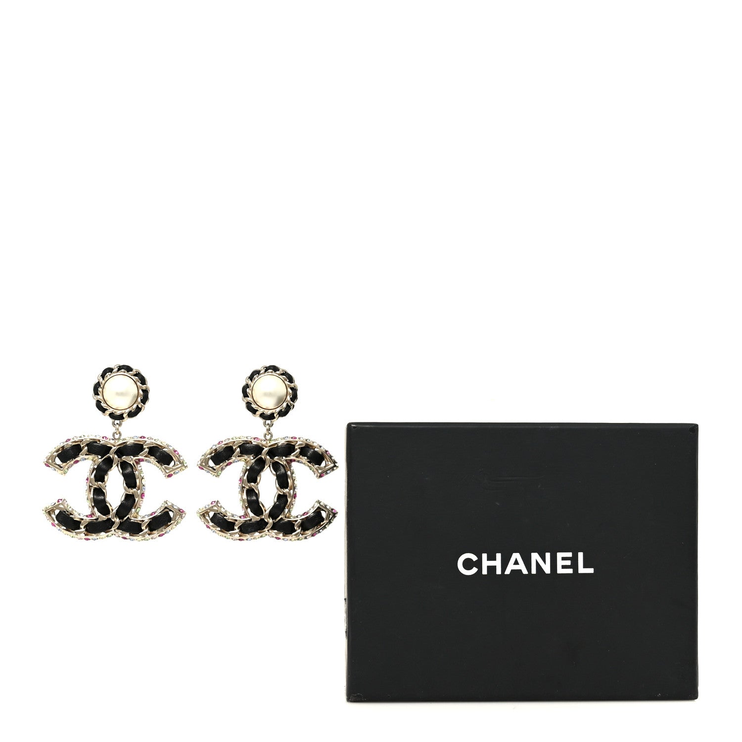 Chanel Pearl Lambskin Crystal Chain CC Drop Earrings Black Gold Multicolor 5 of 5