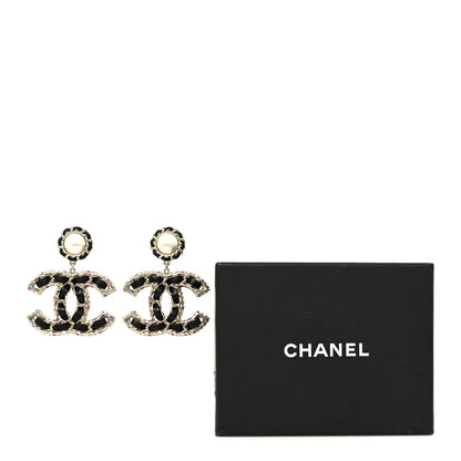 Chanel Pearl Lambskin Crystal Chain CC Drop Earrings Black Gold Multicolor 5 of 5