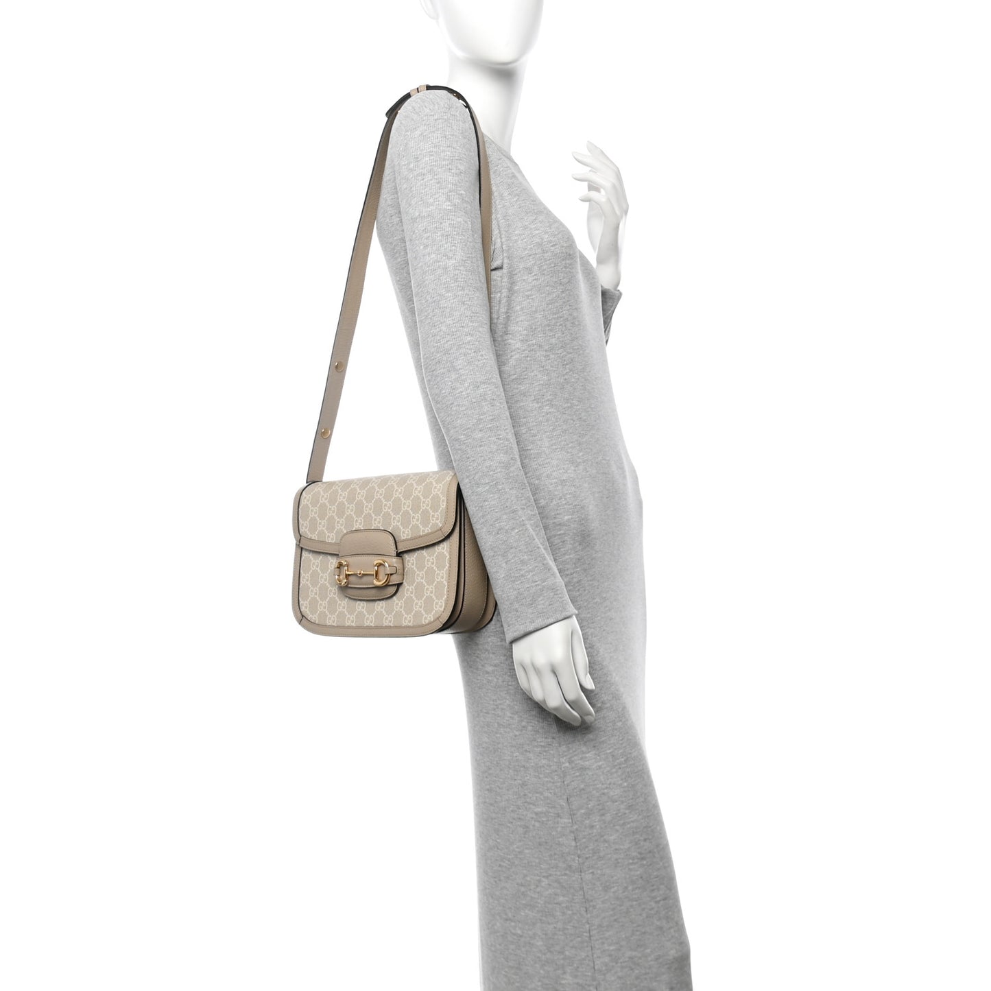 GG Supreme Monogram Textured Dollar Calfskin Horsebit 1955 Shoulder Bag Beige Mystic White Oatmeal