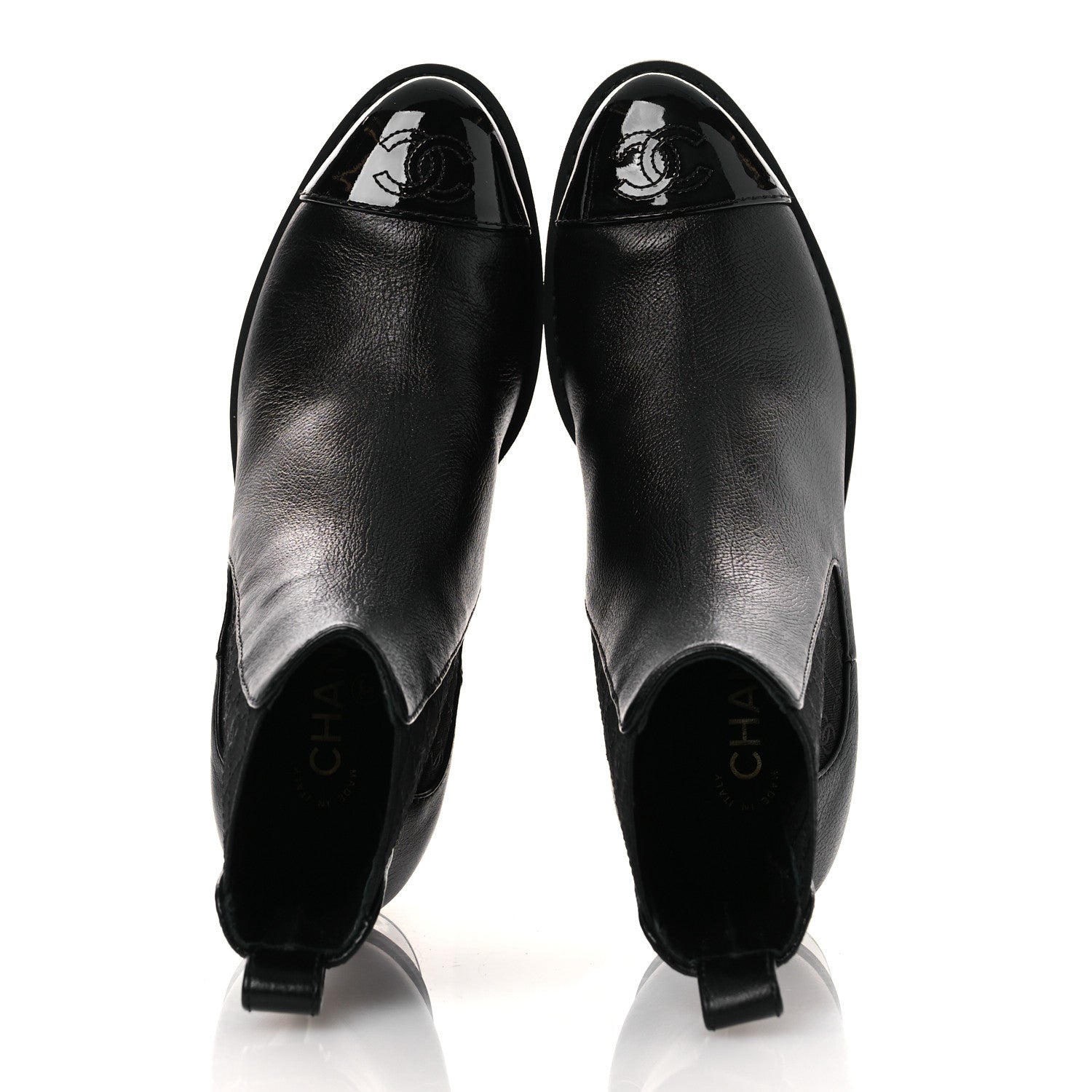 Chanel Shiny Grained Calfskin Patent Cap Toe Interlocking CC Short