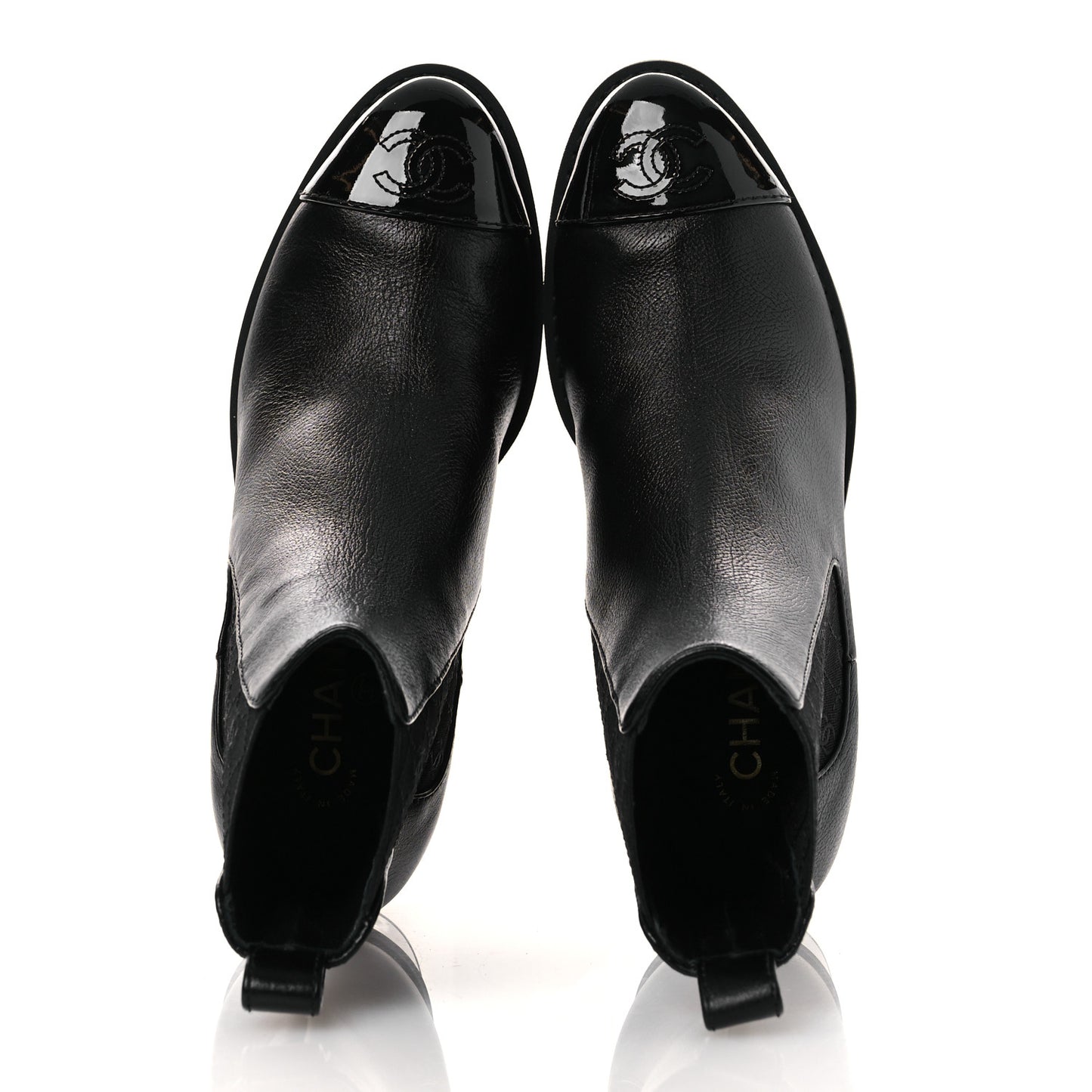 Shiny Grained Calfskin Patent Cap Toe Interlocking CC Short Boots 37.5 Black