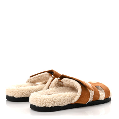 Hermes Suede Goatskin Woolskin Womens Chypre Sandals 36 Brun Fume Ecru 4 of 7