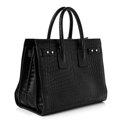 Saint Laurent Calfskin Crocodile Embossed Small Supple Sac de Jour Black 3 of 10