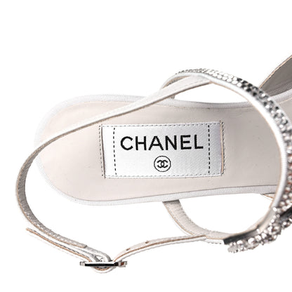 Chanel Grained Calfskin Strass CC Sandals 37.5 Light Gray 8 of 9