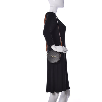Celine Triomphe Canvas Embroidered Logo Round Purse On Strap Black Tan 2 of 9