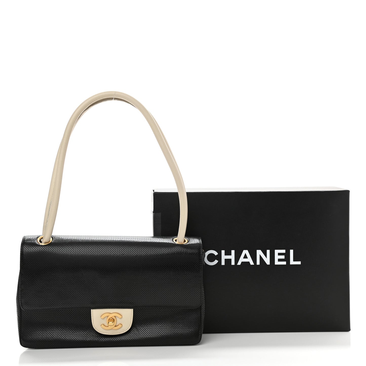 Lambskin Perforated Medium Single Flap Bag Black White