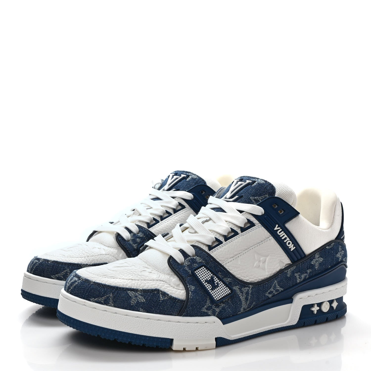 Louis Vuitton Calfskin Embossed Monogram Denim Mens LV Trainer Sneakers 9 Blue 3 of 8