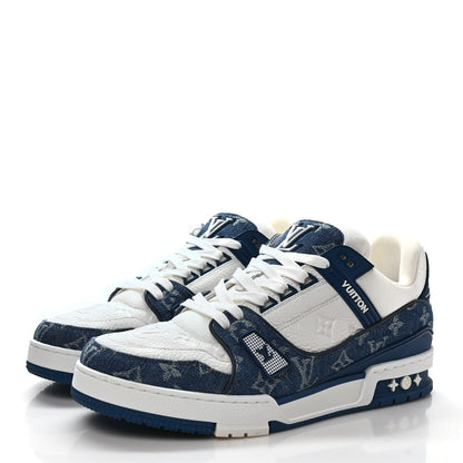 Louis Vuitton Calfskin Embossed Monogram Denim Mens LV Trainer Sneakers 9 Blue 3 of 8