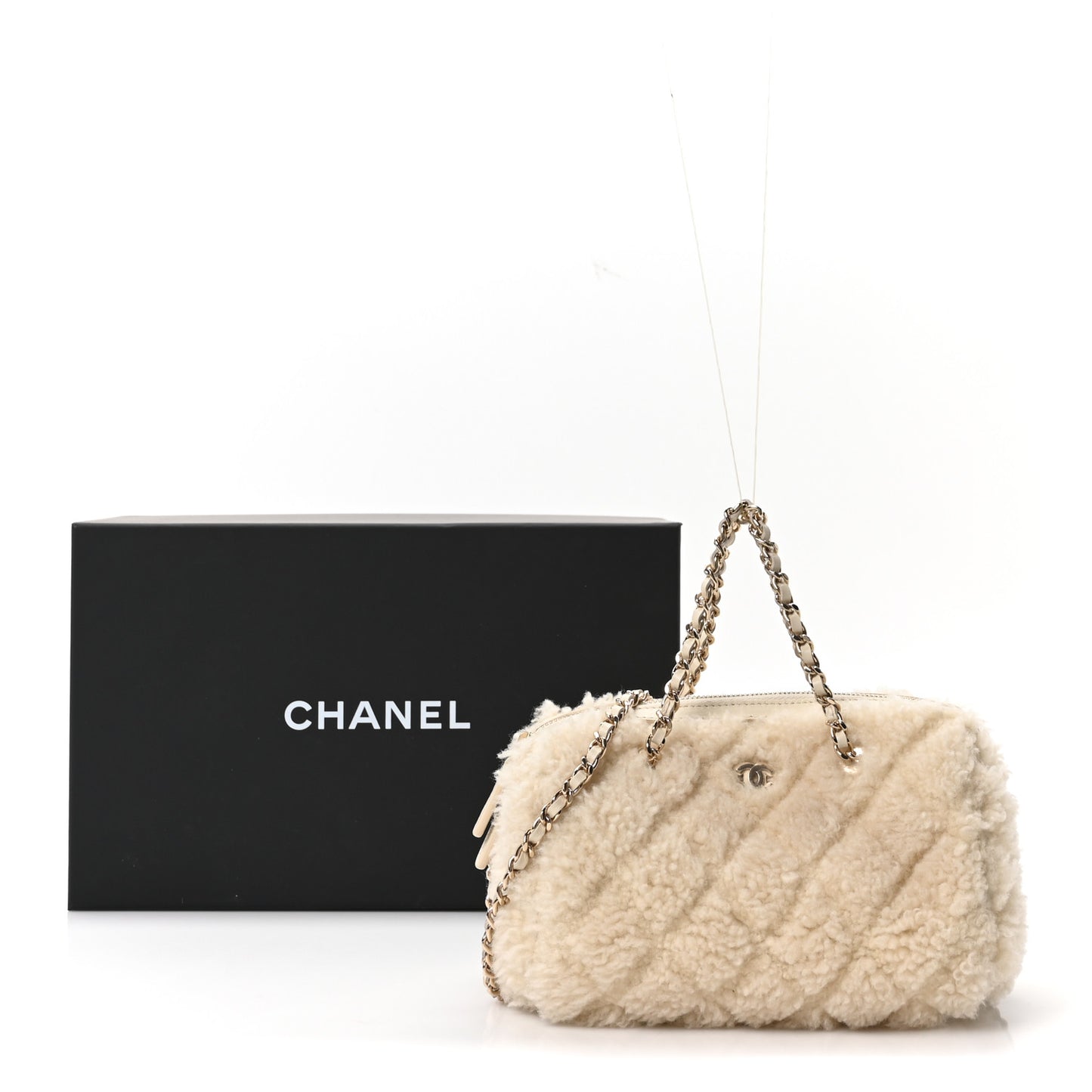 Shearling Quilted Barrel Clutch With Chain Beige