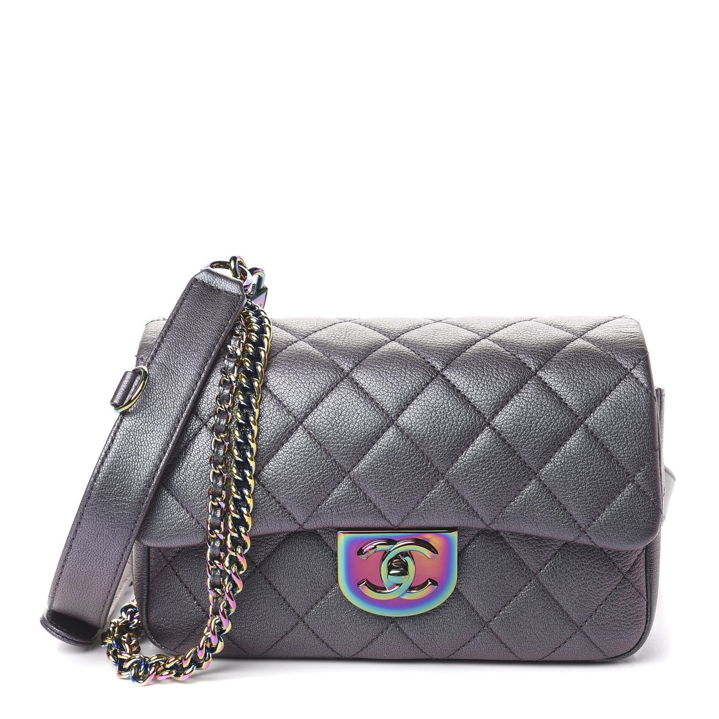 Iridescent Goatskin Quilted Small Double Carry Waist Chain Flap Purple