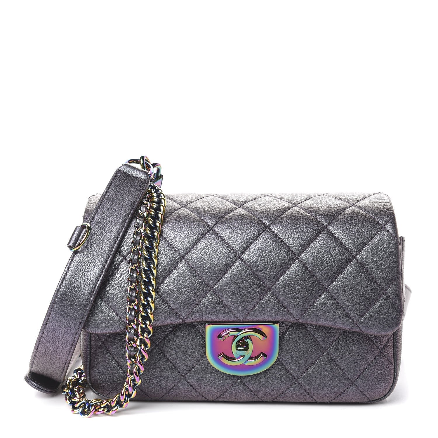 Chanel Iridescent Goatskin Quilted Small Double Carry Waist Chain Flap Purple 1 of 10