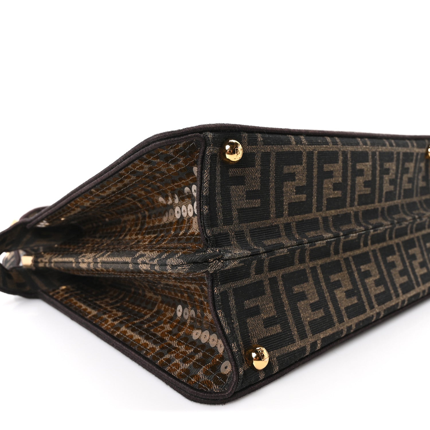 Fendi Fabric Jacquard Paillettes Vitello Seta FF 1974 Medium Peekaboo I SEE U Satchel Tobacco Moro 8 of 9