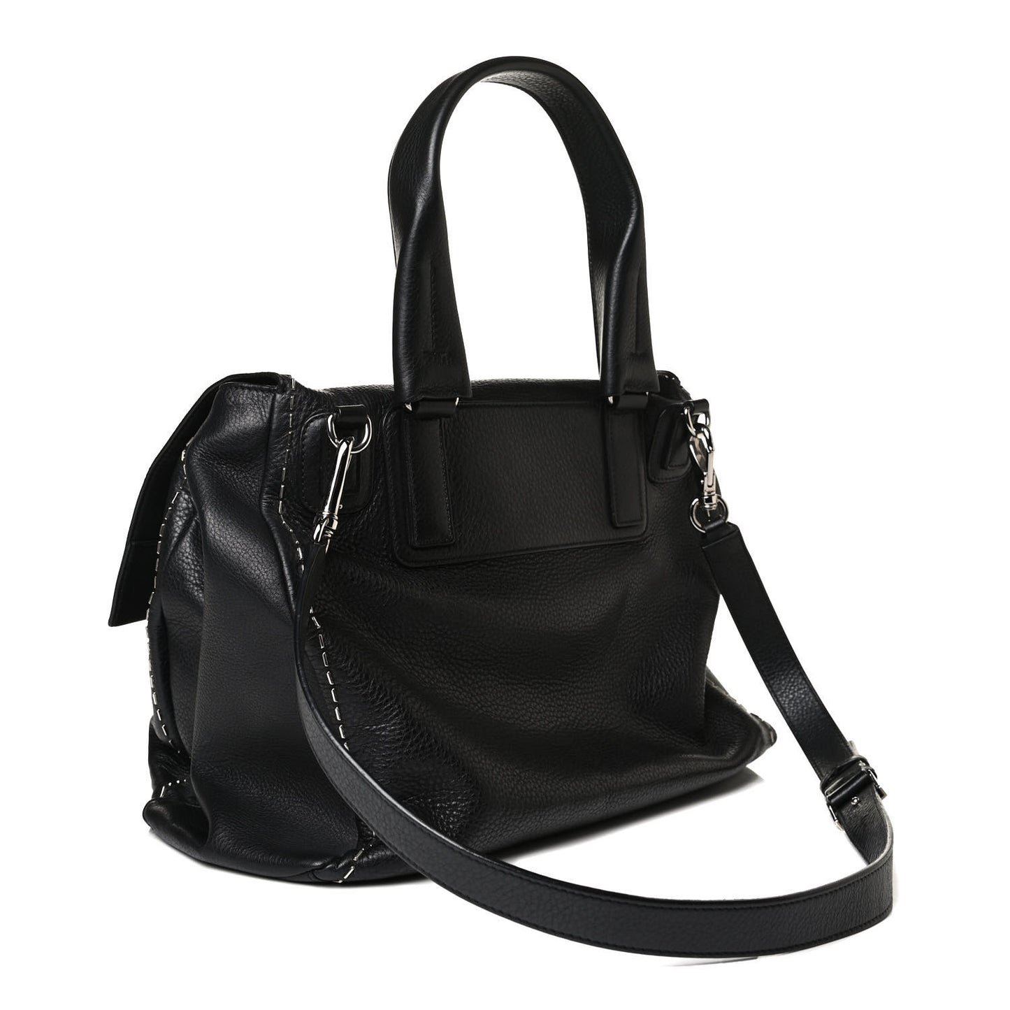 Grained Calfskin Metal Stitch Medium Pandora Pure Flap Bag Black