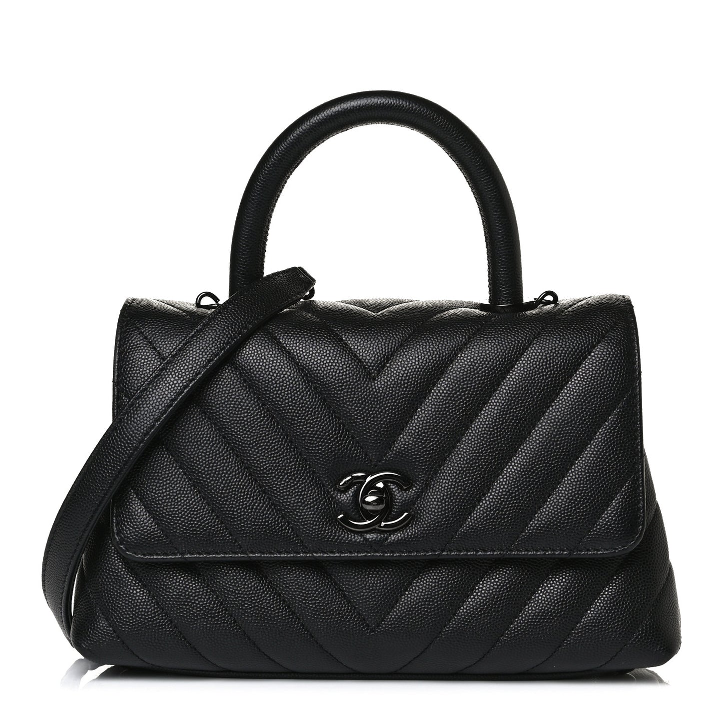 Caviar Chevron Quilted Mini Coco Handle Flap So Black