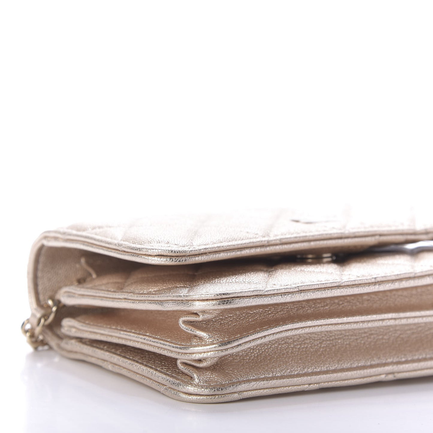 Metallic Lambskin Quilted Mini Wallet On Chain WOC Gold