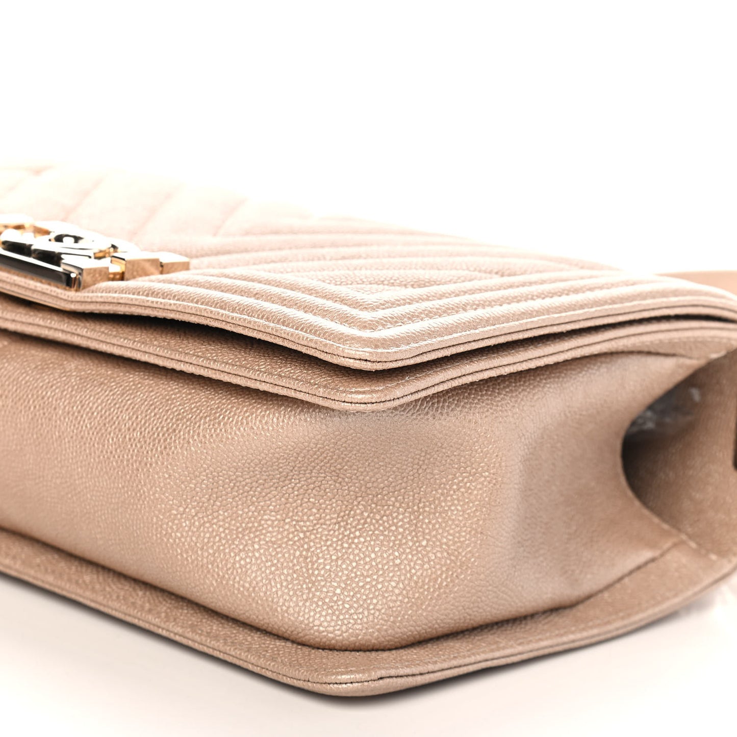 Metallic Caviar Chevron Quilted Medium Boy Flap Light Beige