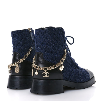 Chanel Wool Tweed Calfskin Chain Lace Up Combat Boots 40.5 Navy Blue Black 5 of 9
