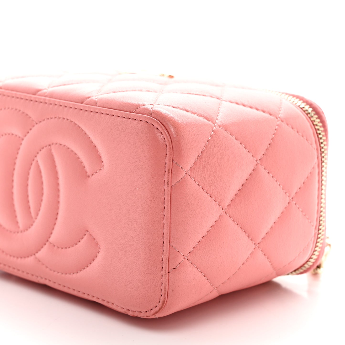 Lambskin Quilted Small Charming Top Handle Vanity Case With Chain Pink