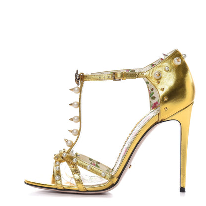 Gucci Metallic Nappa Silk Pearl Studded Regina T-Strap High Heel Sandals 40 Oro Vecchio 1 of 10