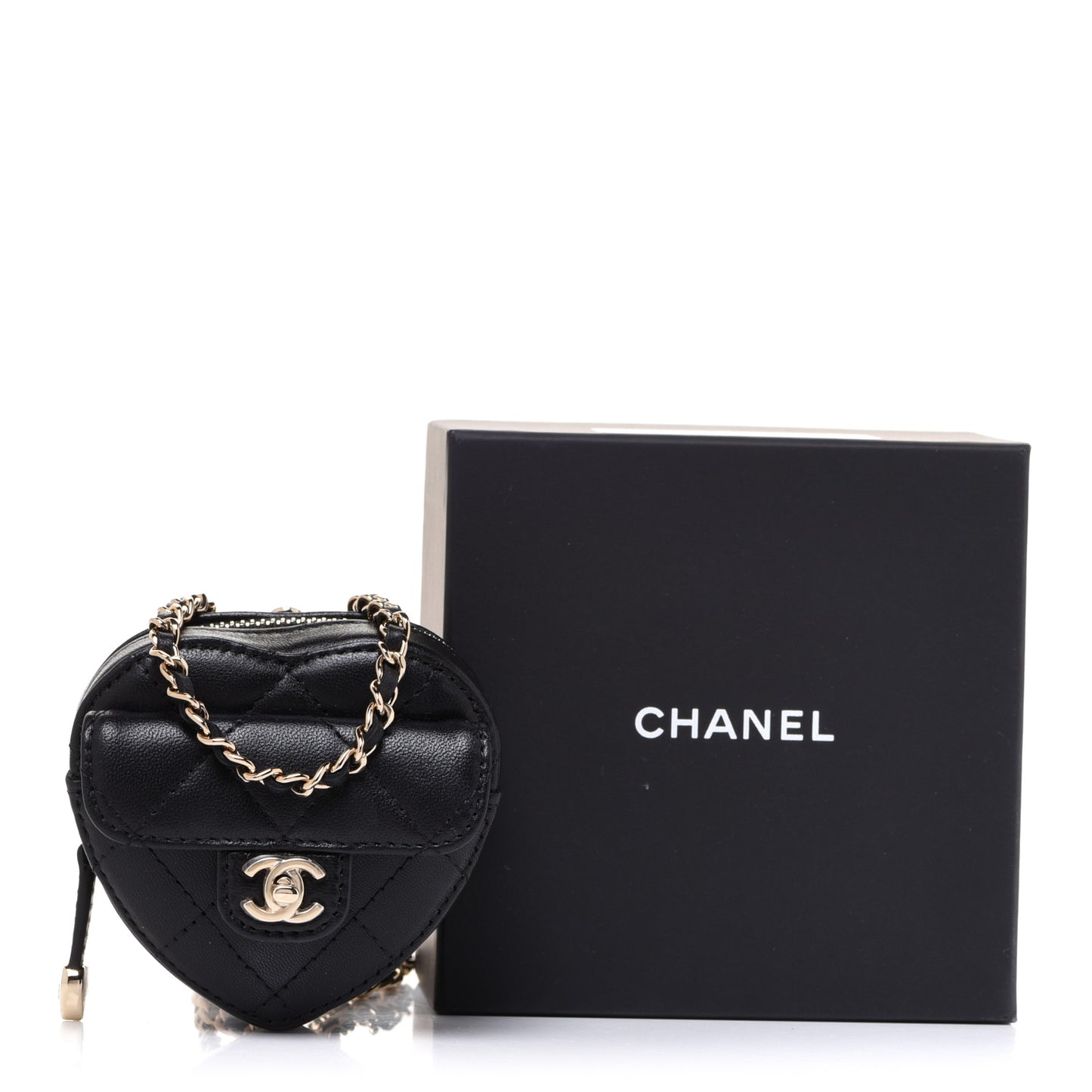 Lambskin Quilted CC In Love Heart Coin Purse With Chain Black